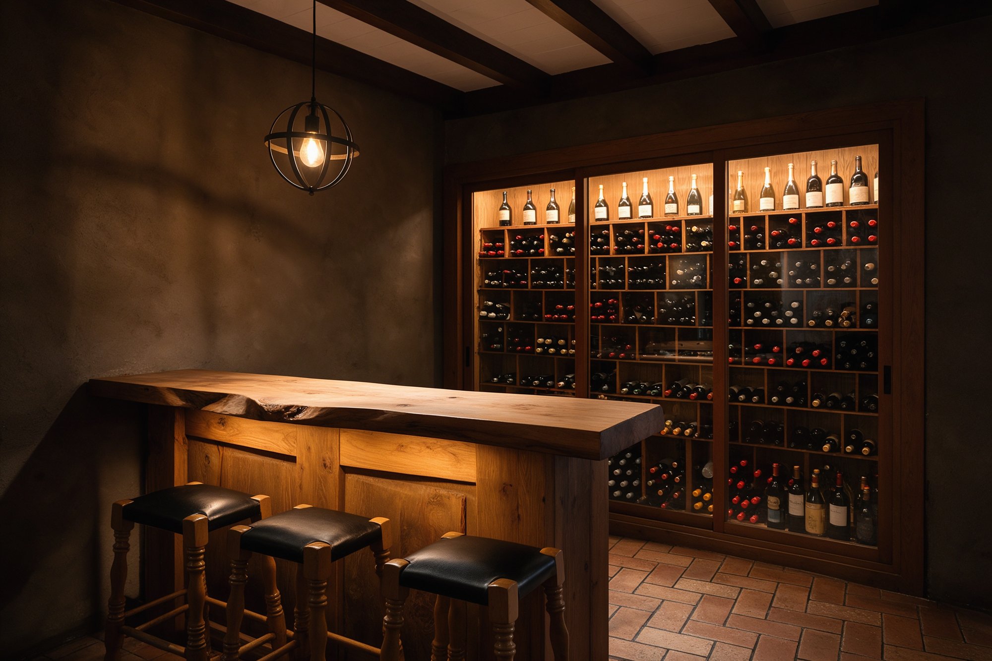 Rincón de barra con mueble de madera de borde vivo, taburetes de asiento negro y vitrina de vinos retroiluminada en una gastrotaberna andaluza