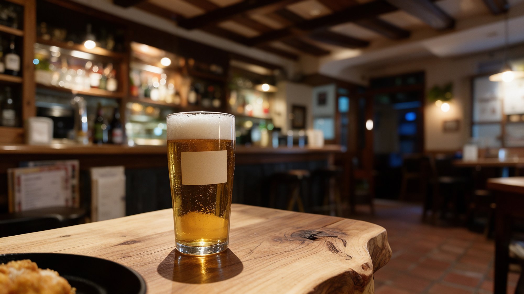 Caña de cerveza bien tirada con espuma sobre mesa de madera de borde vivo, con el interior cálido de la gastrotaberna desenfocado al fondo