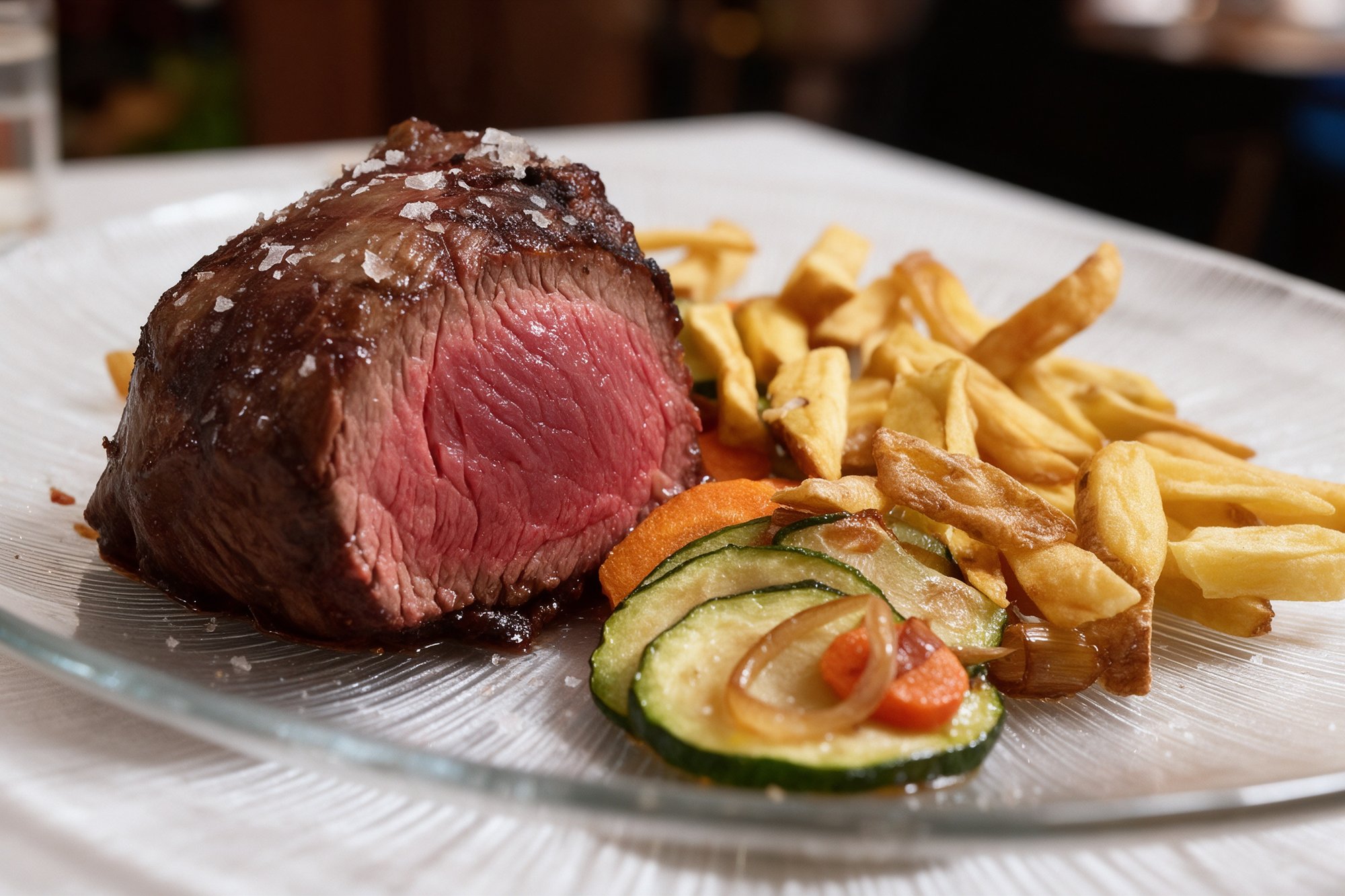 Solomillo en su punto con centro rosado, escamas de sal, patatas fritas caseras y verduras asadas en plato de cristal