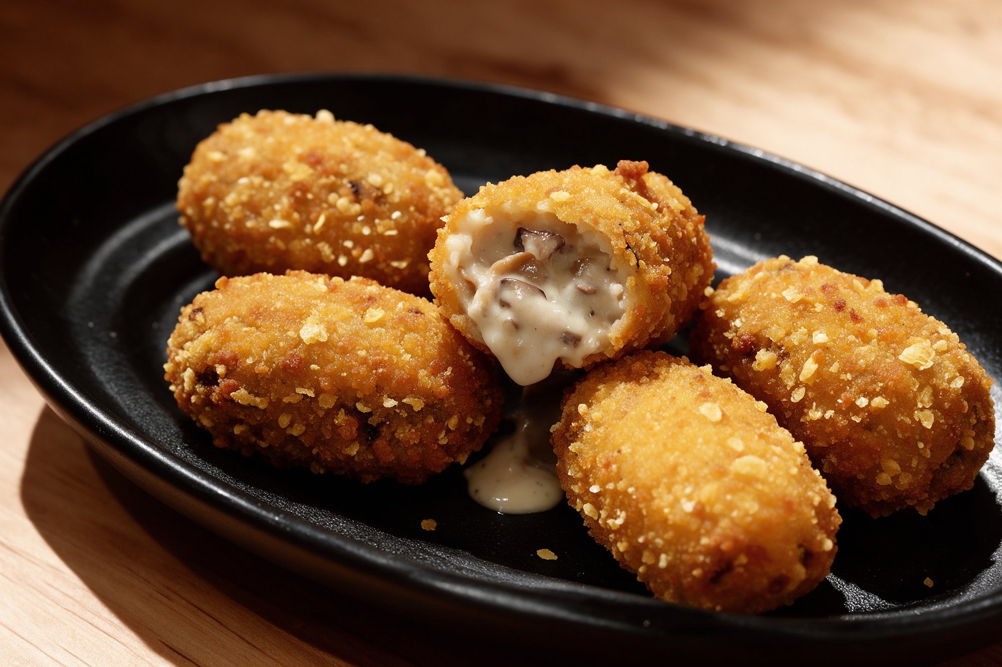 Croquetas caseras de boletus y trufa, una abierta con la bechamel cremosa fluyendo, en plato ovalado negro