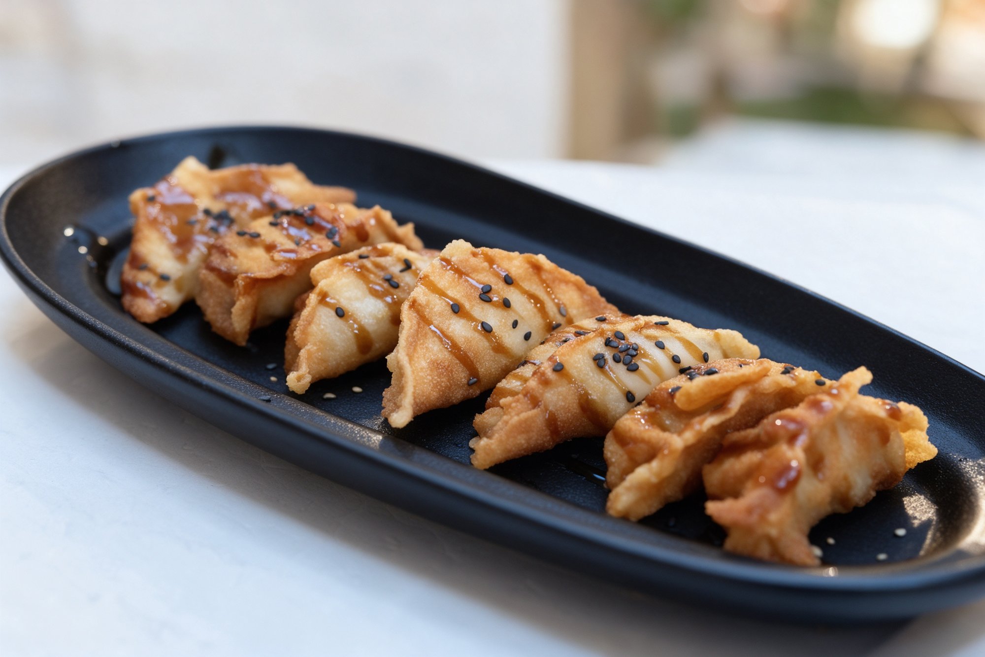 Gyozas fritas crujientes con sésamo negro y blanco y toque de salsa de soja en bandeja negra alargada