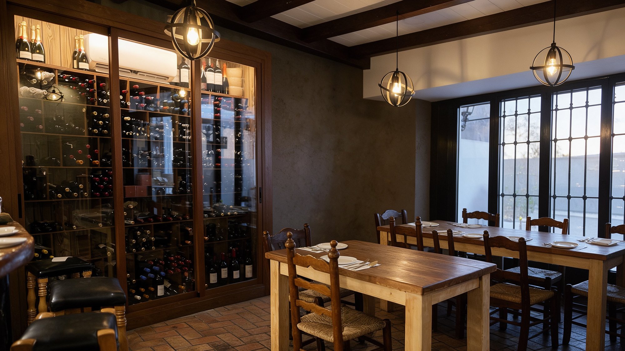 Comedor rústico de gastrotaberna con gran vitrina de madera llena de vinos, vigas de madera, suelo de espiga de terracota y lámparas colgantes de luz cálida